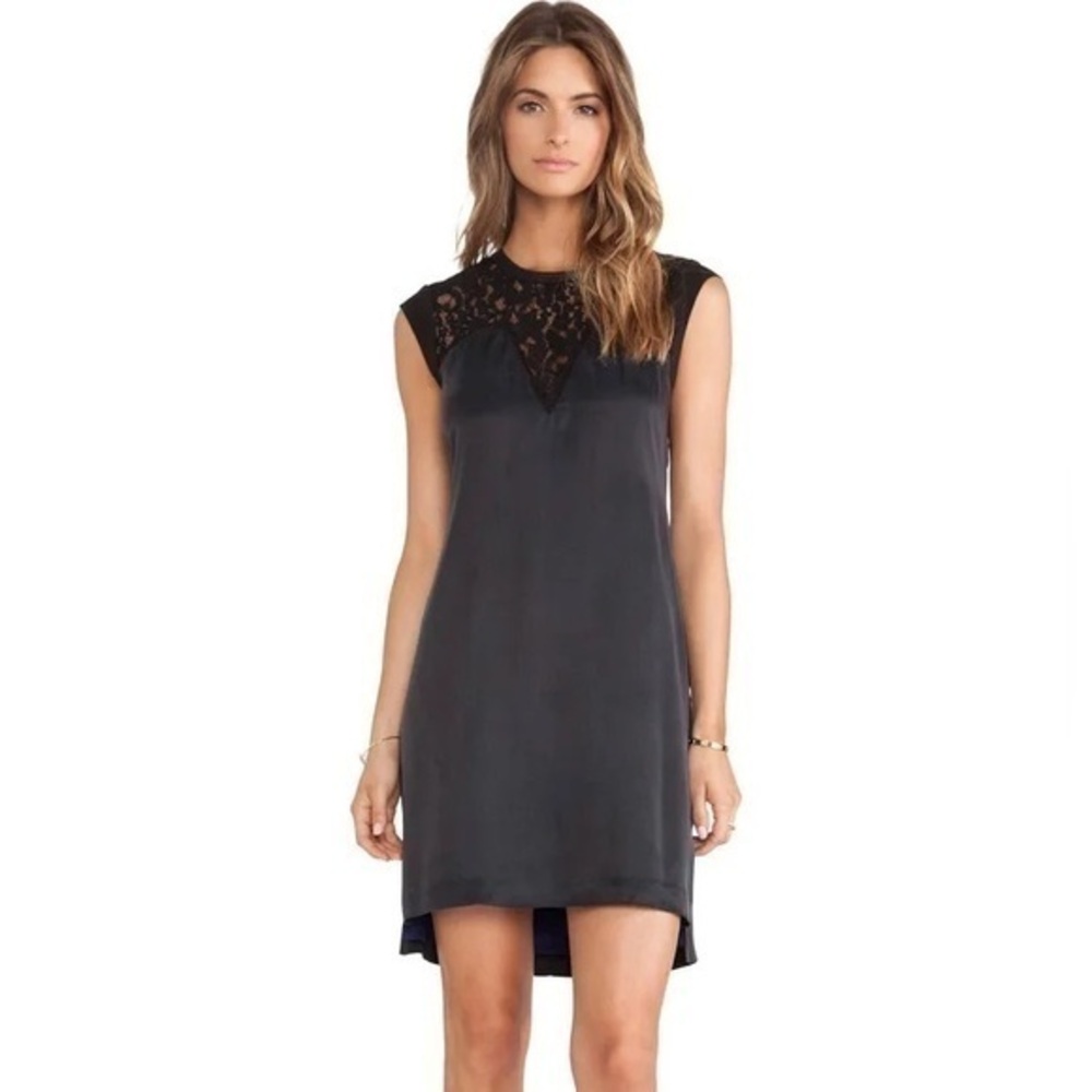 Rebecca Taylor Black Lace Silk Column Sleeveless Tunic Mix Mini Dress 12…